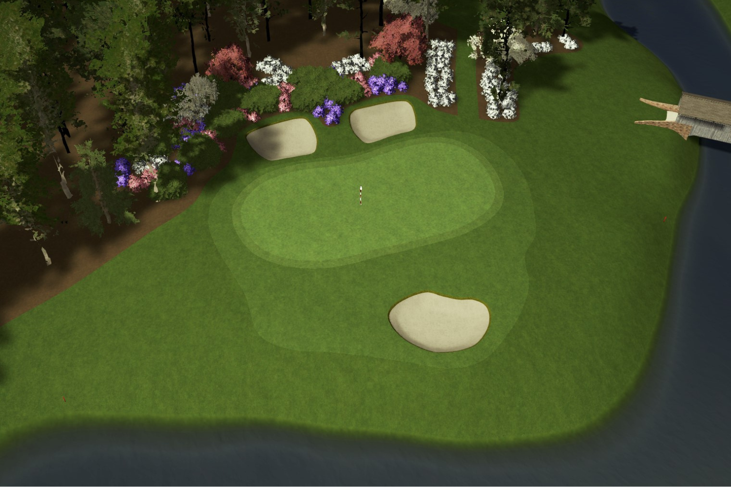 The Masters golf telecast on a simulator screen showing professional ball flight data and shot tracking for Augusta National simulation