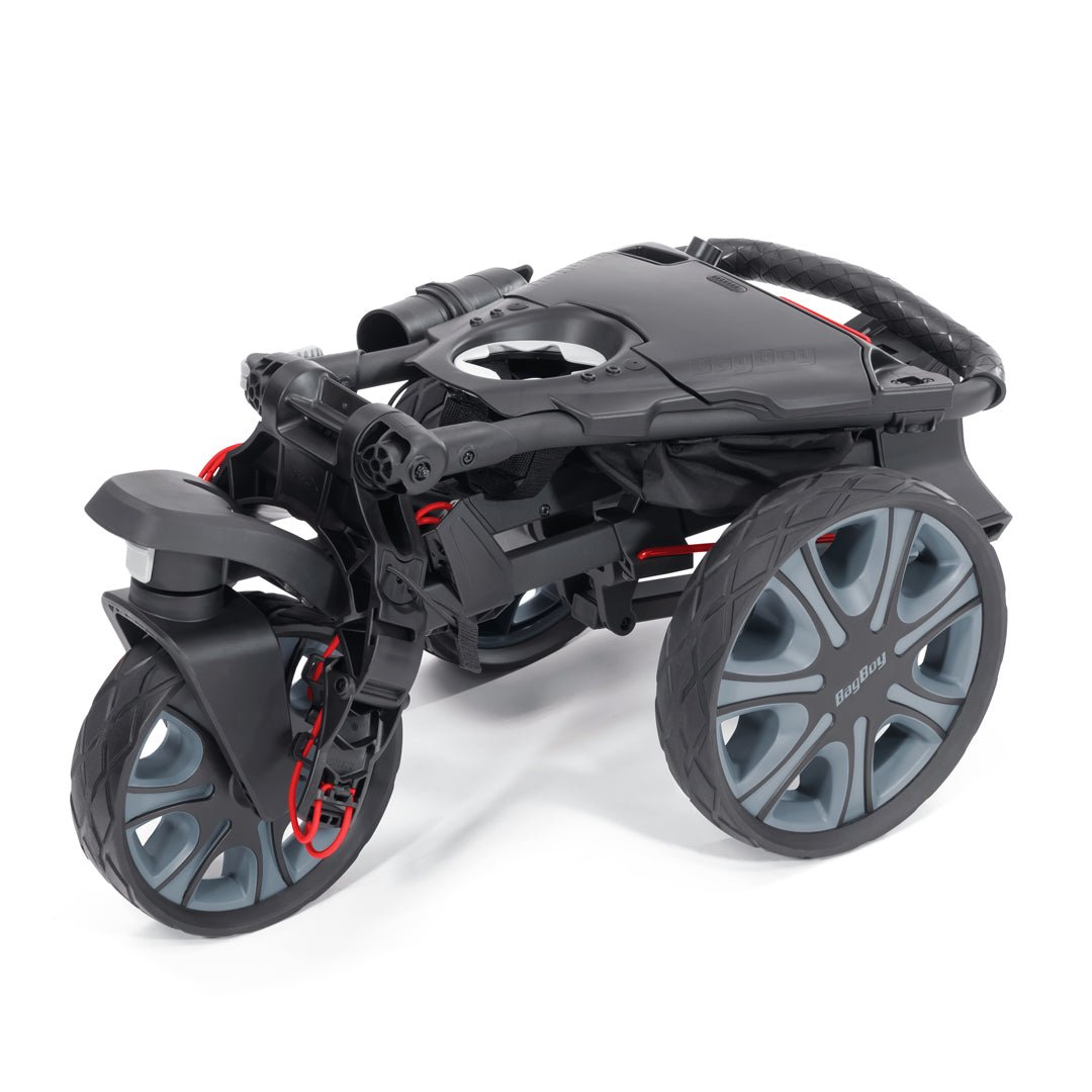 Bag Boy Volt golf cart, black and red, folded