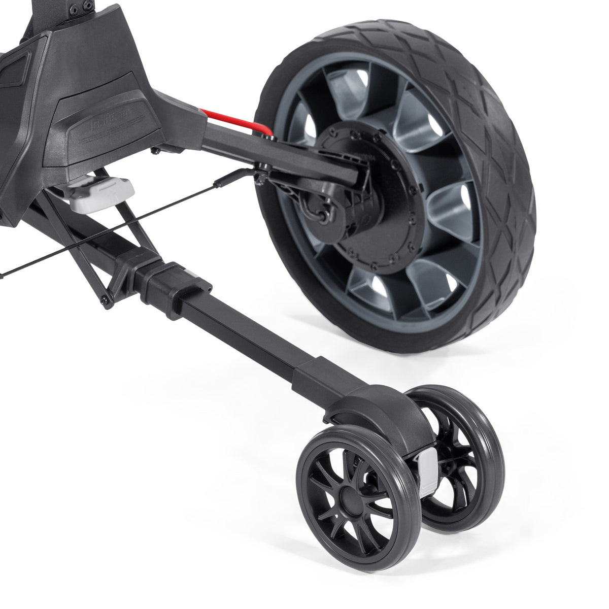 Bag Boy Volt golf cart, black and red, alternate view