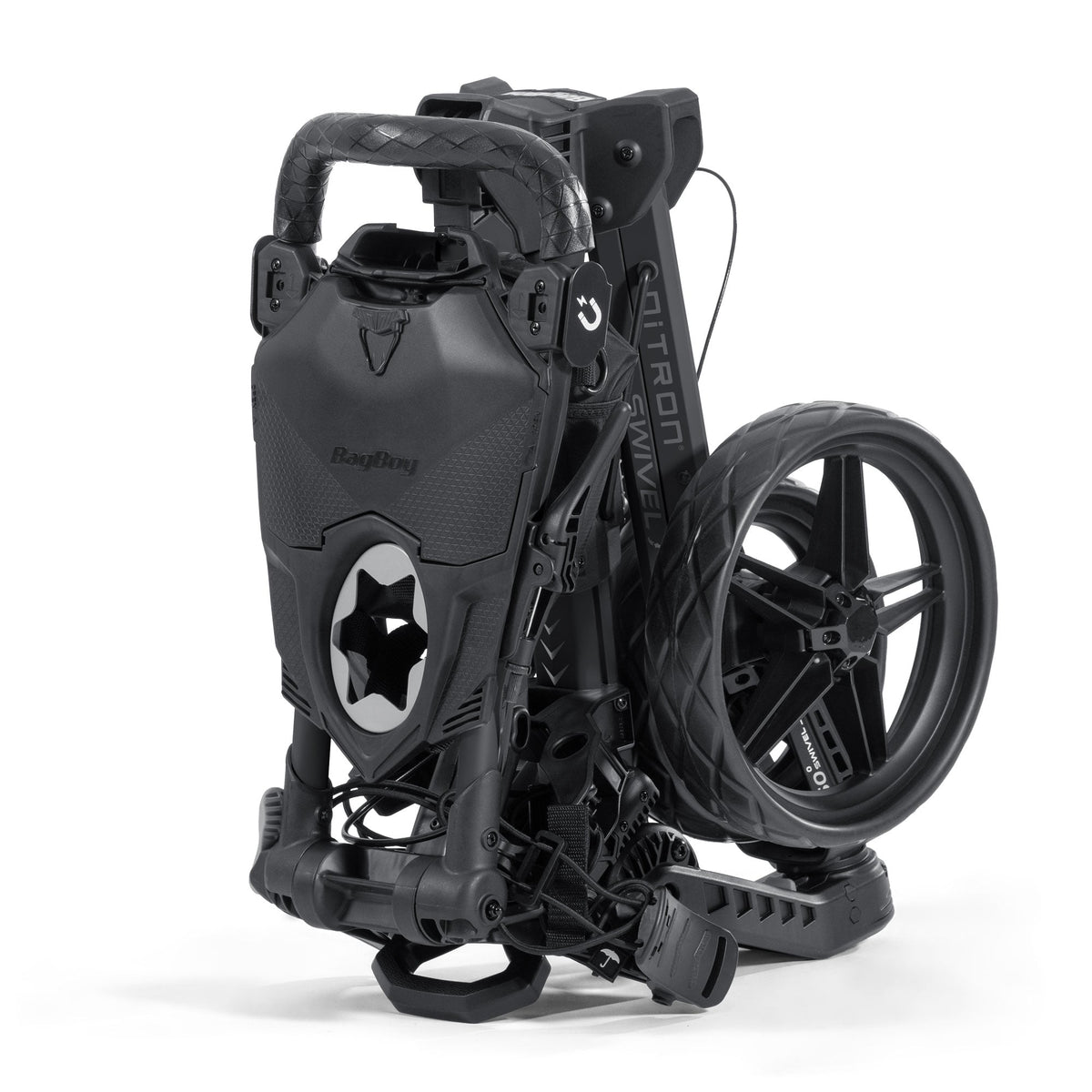 Bag Boy Nitron Swivel golf cart, black slate, folded