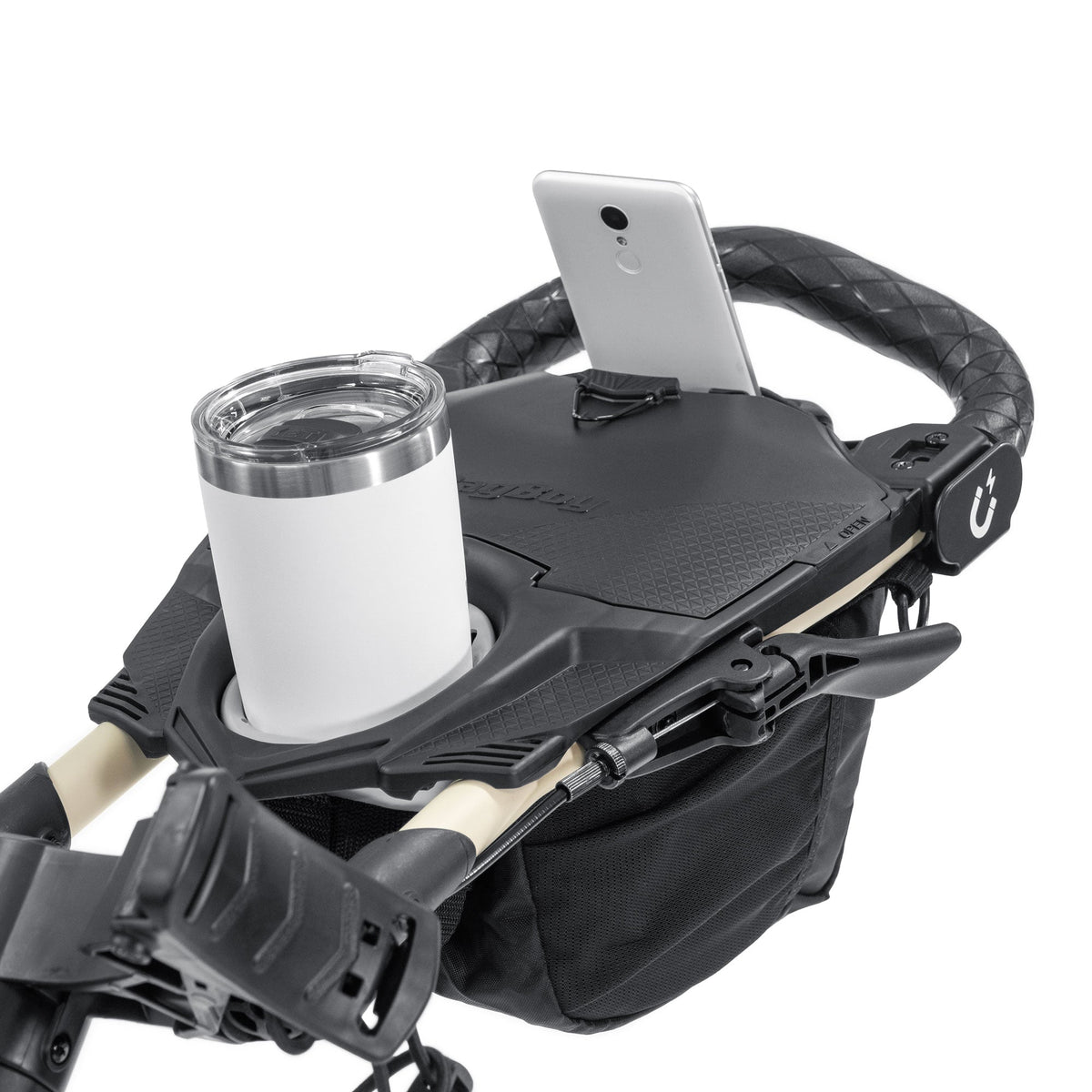Bag Boy Nitron Swivel golf cart, sand black, scorecard console detail
