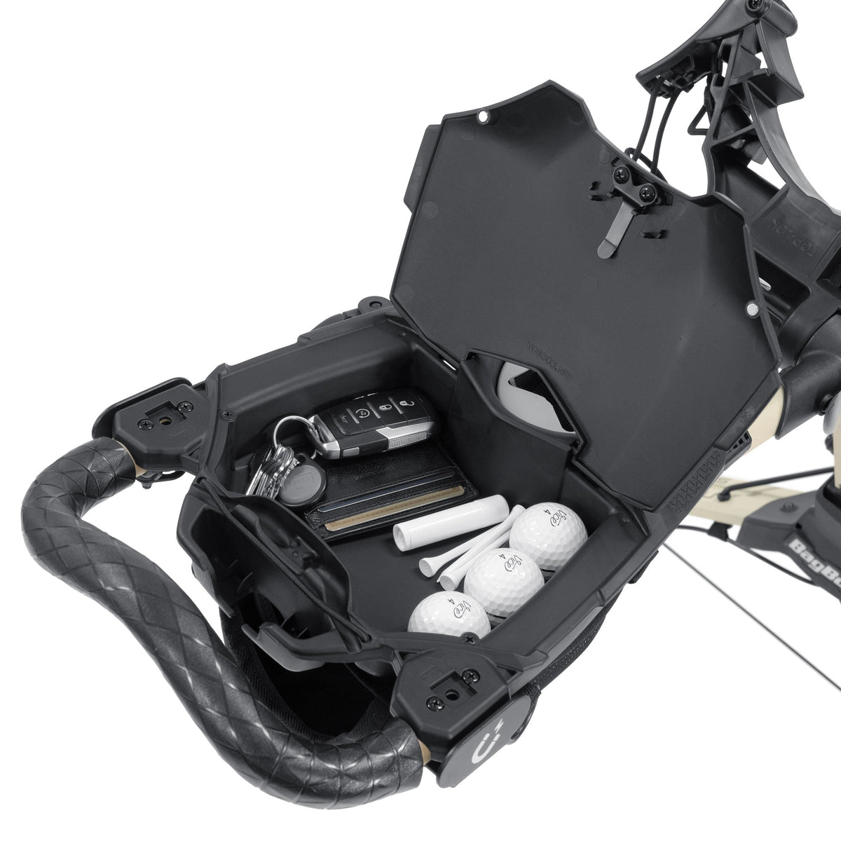 Bag Boy Nitron Swivel golf cart, sand black, storage console detail