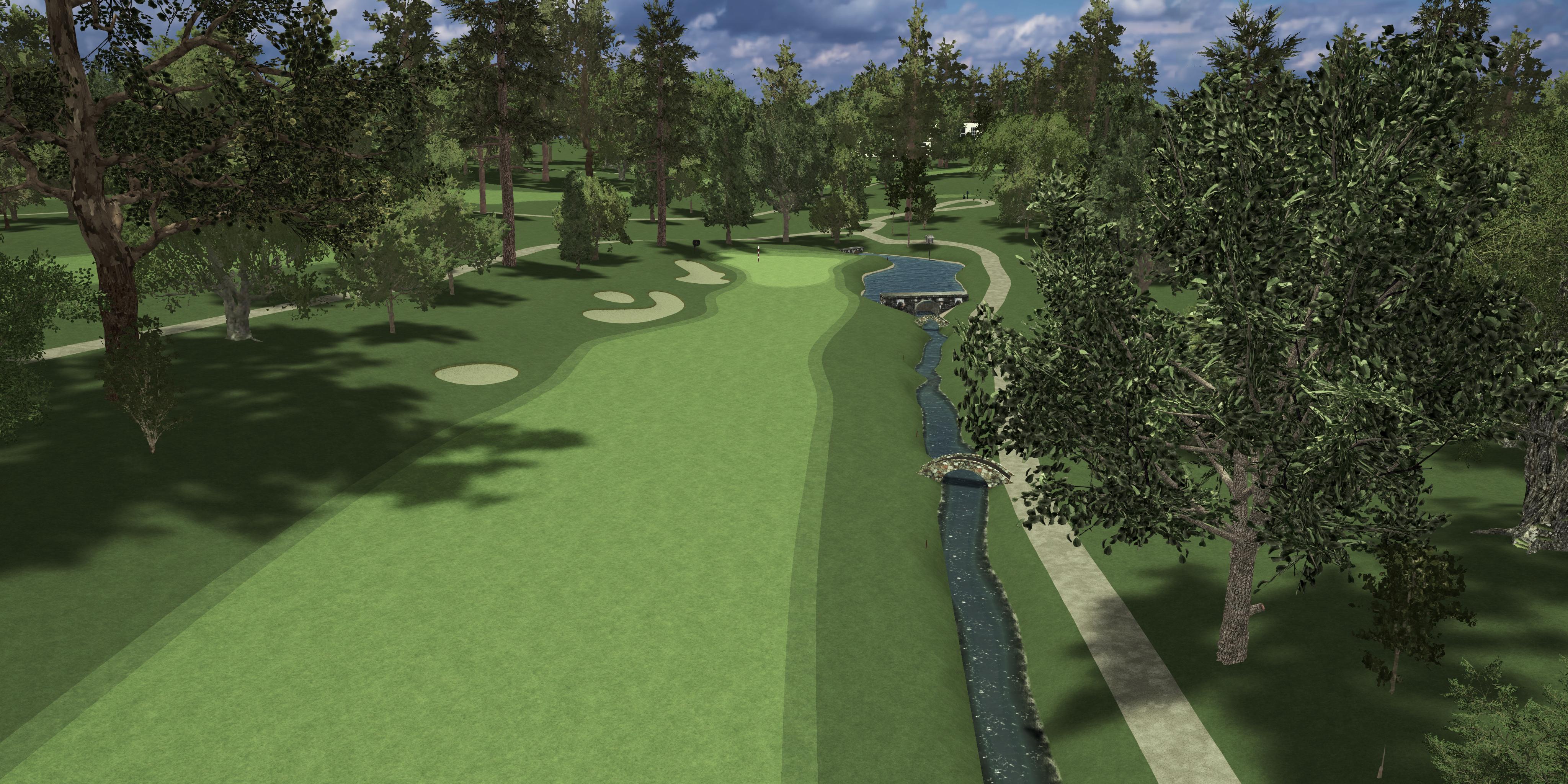 Golf course with green grass, trees, and a path.