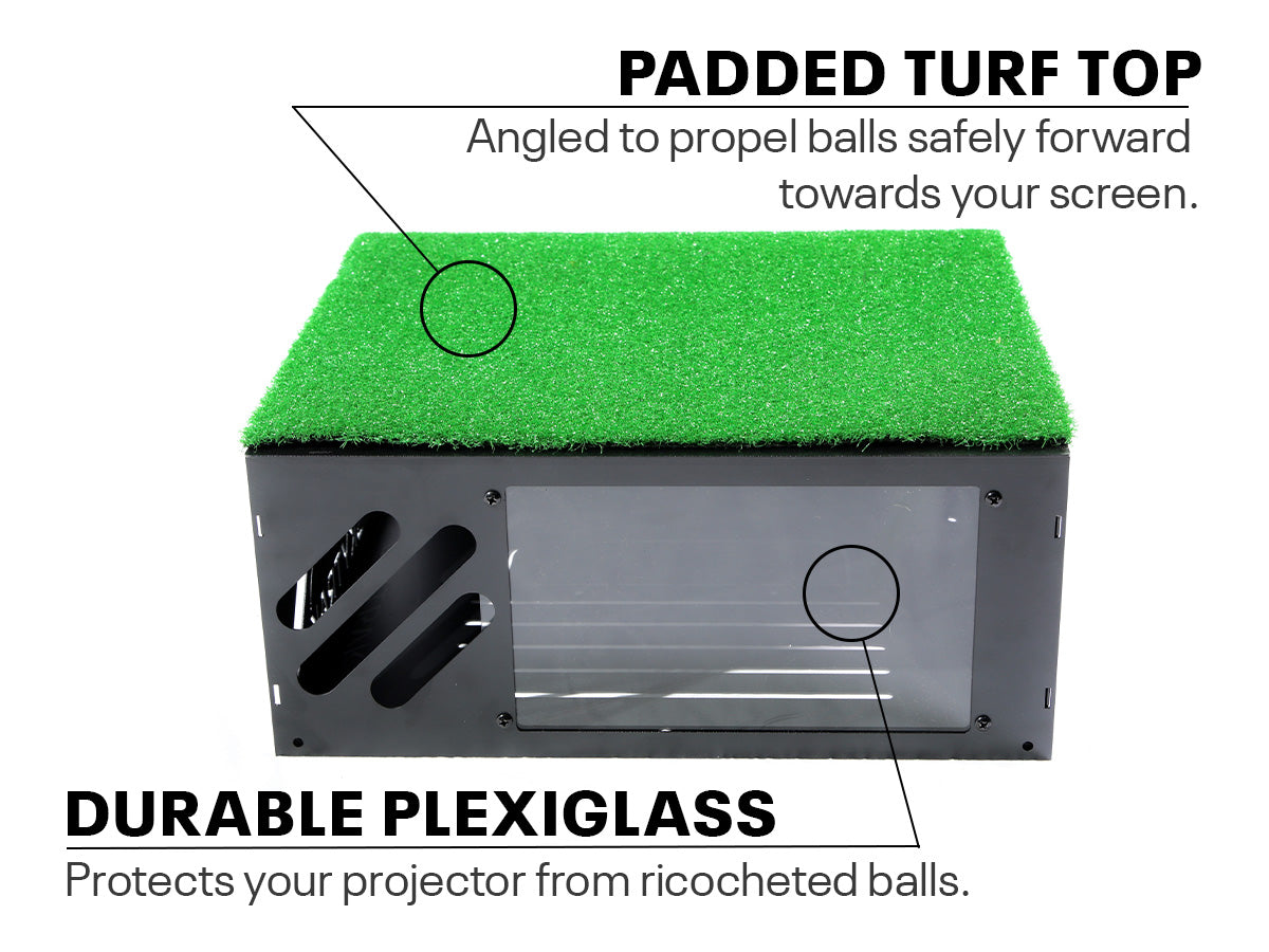 Padded turf top and durable plexiglass to protect projector from ricocheted shots
