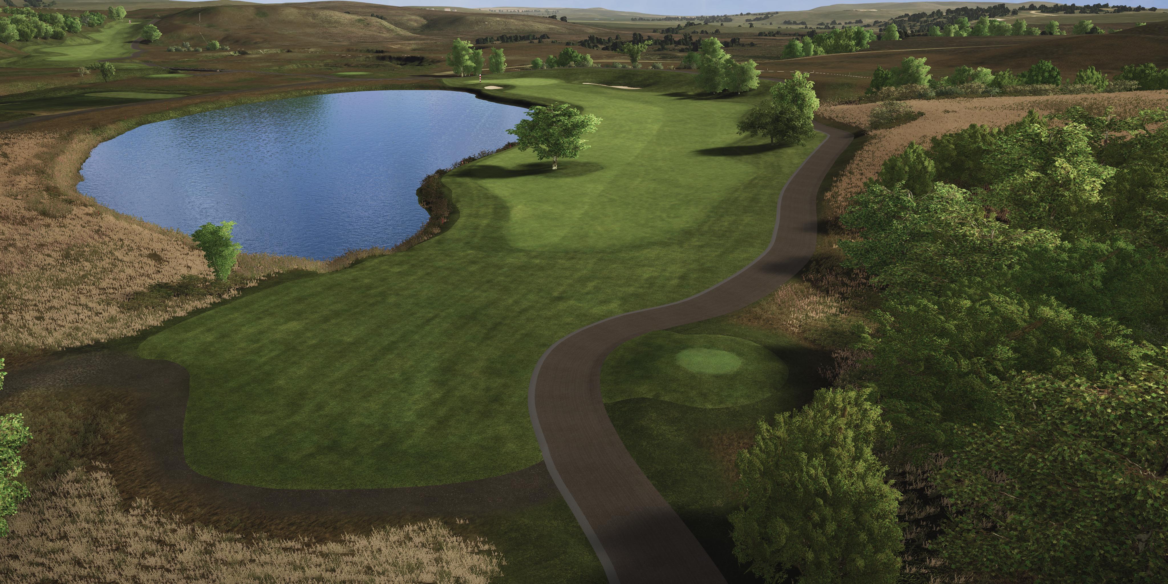 Golf course with a pond and trees in the background