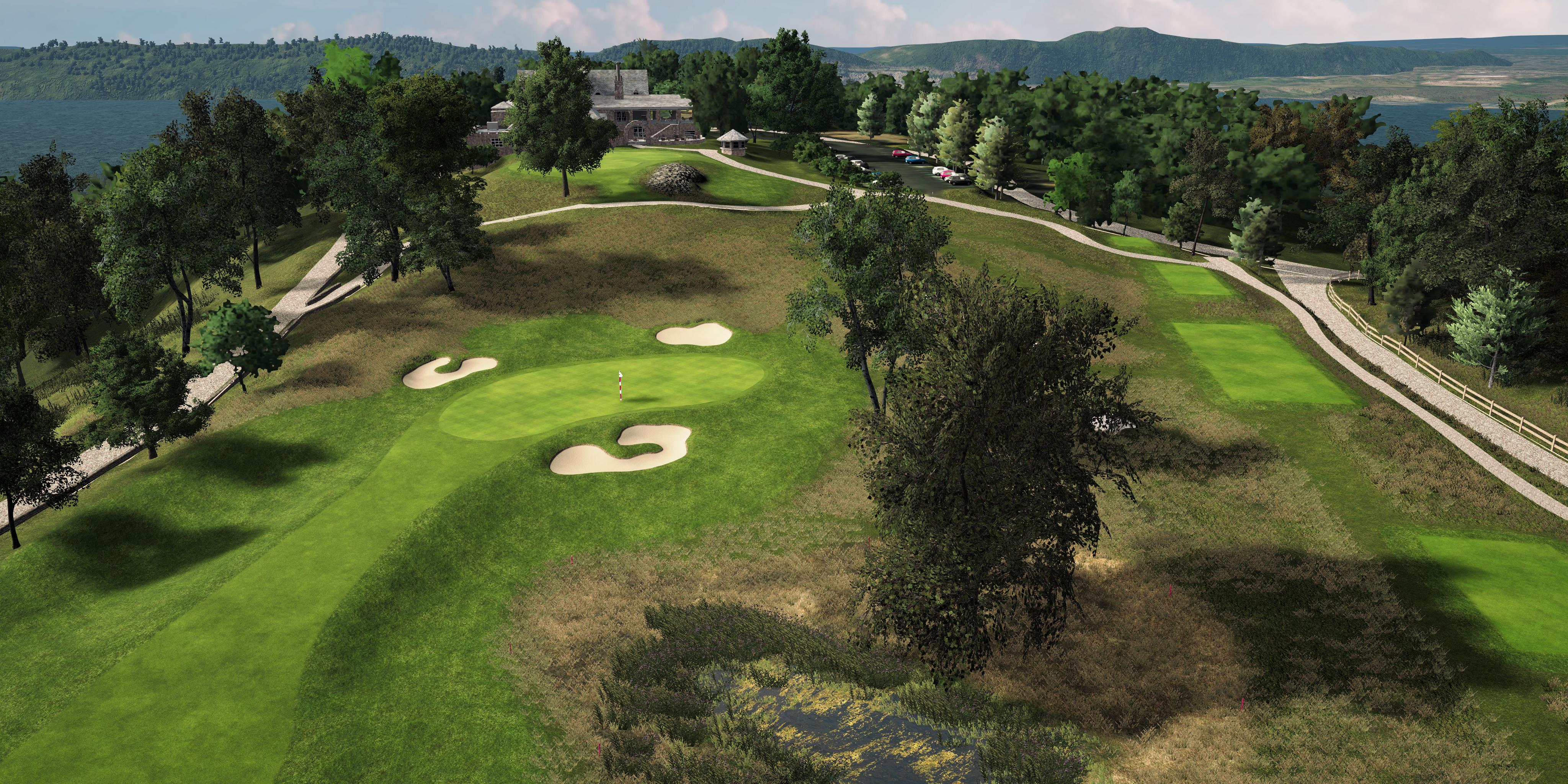 Golf course with green grass, sand bunkers, and trees on a clear day.