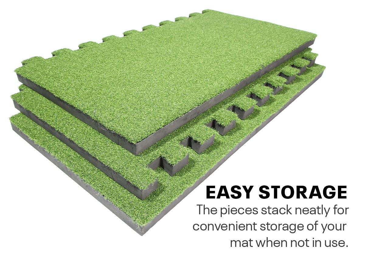Interlocking golf practice mat pieces are easy to stack and store