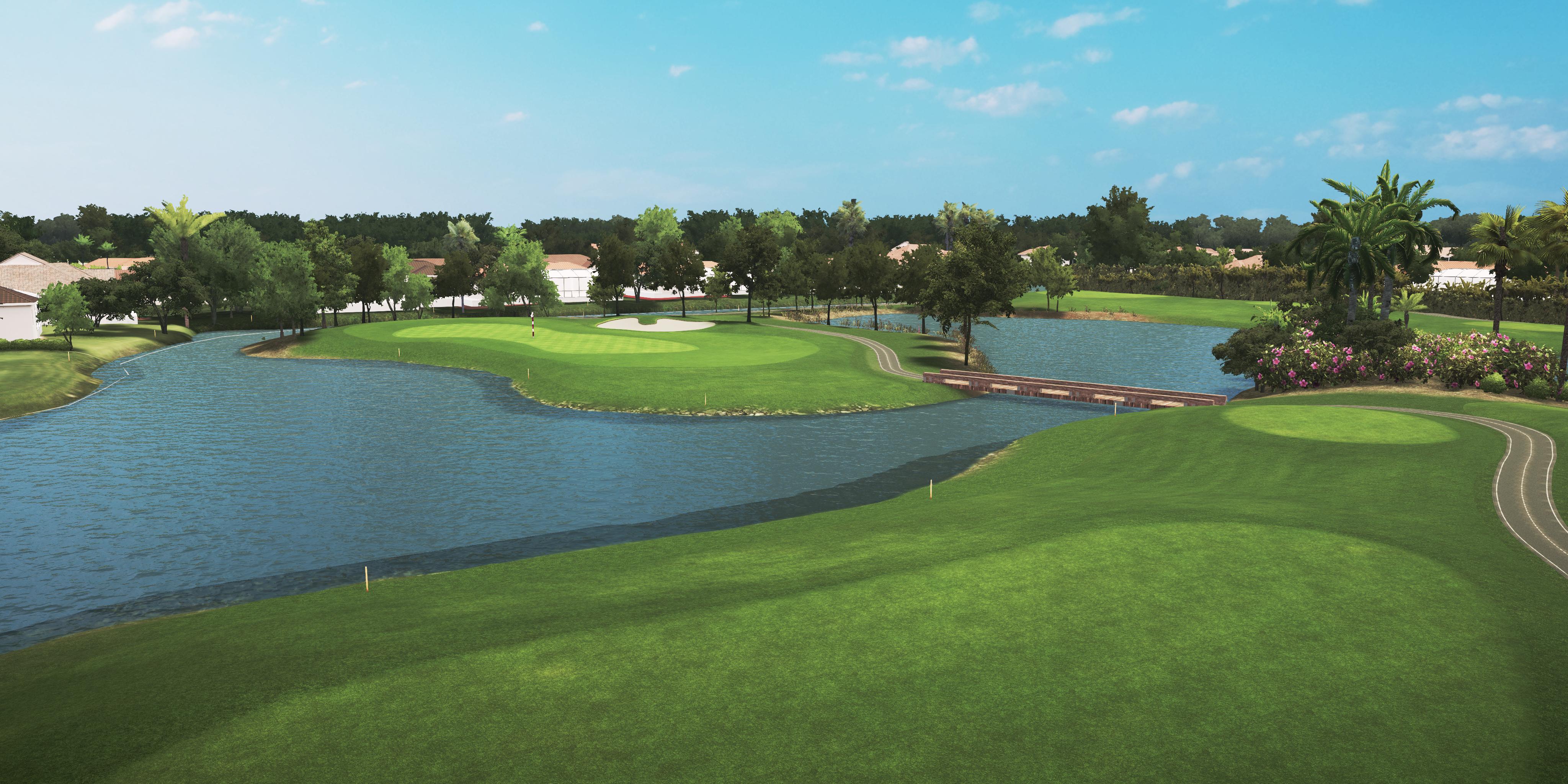 Golf course with green grass, water body, and trees under a clear blue sky.