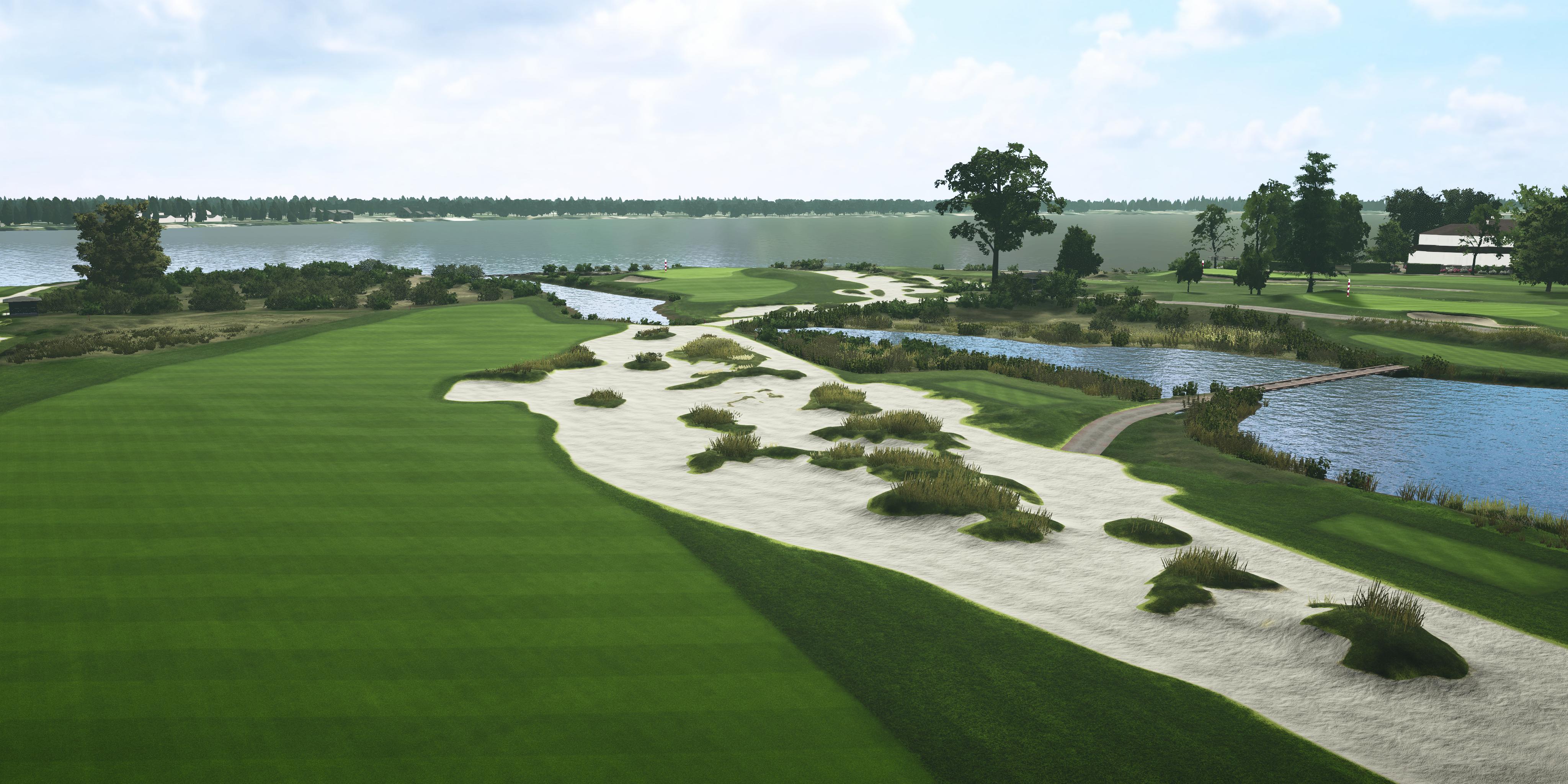 Golf course with green grass, sand bunkers, and a lake in the background