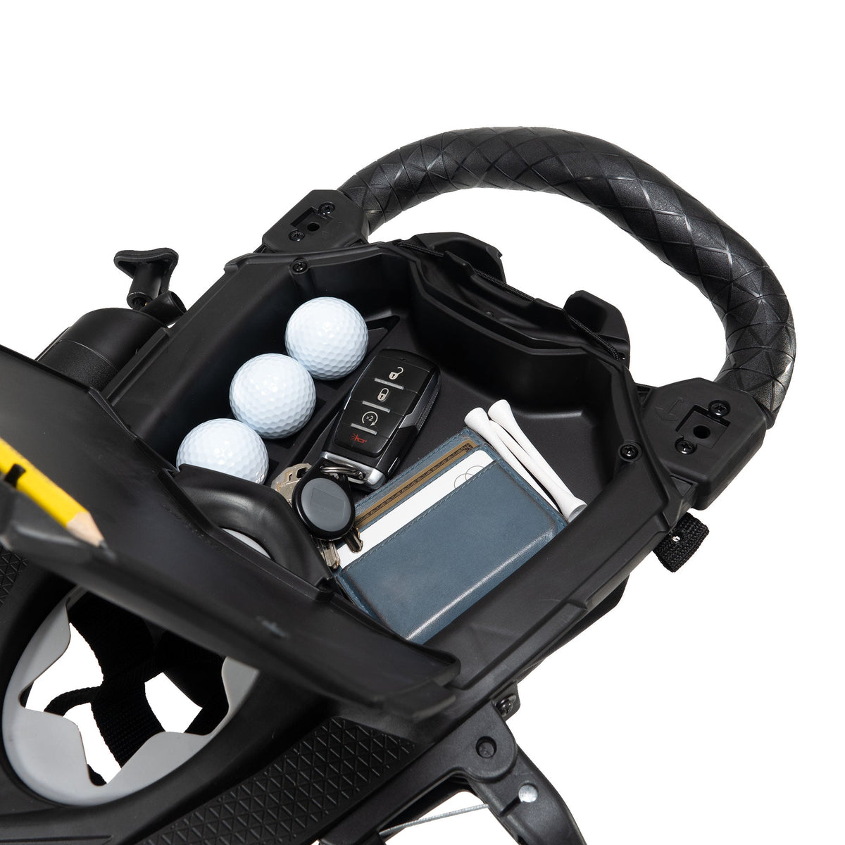 Bag Boy Nitron golf cart console with card holder, white background