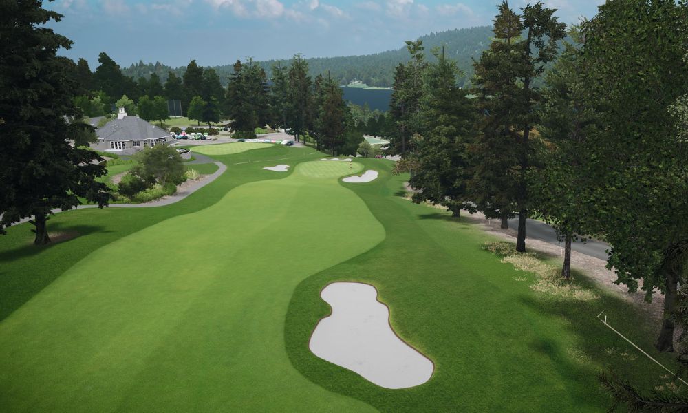 Golf course with green grass, trees, and a building in the background