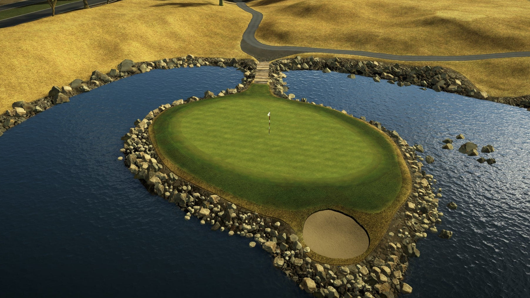 Golf course with a green surrounded by water and rocks, featuring the Skytrak logo.