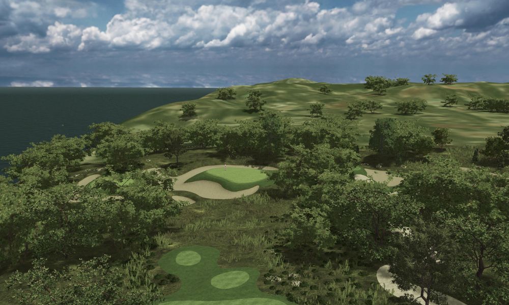 Golf course with green fairways and bunkers surrounded by trees and a body of water.