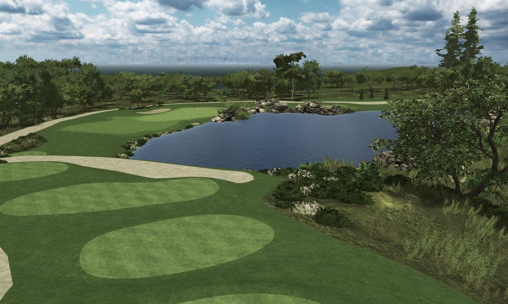 Golf course with a lake and trees under a cloudy sky