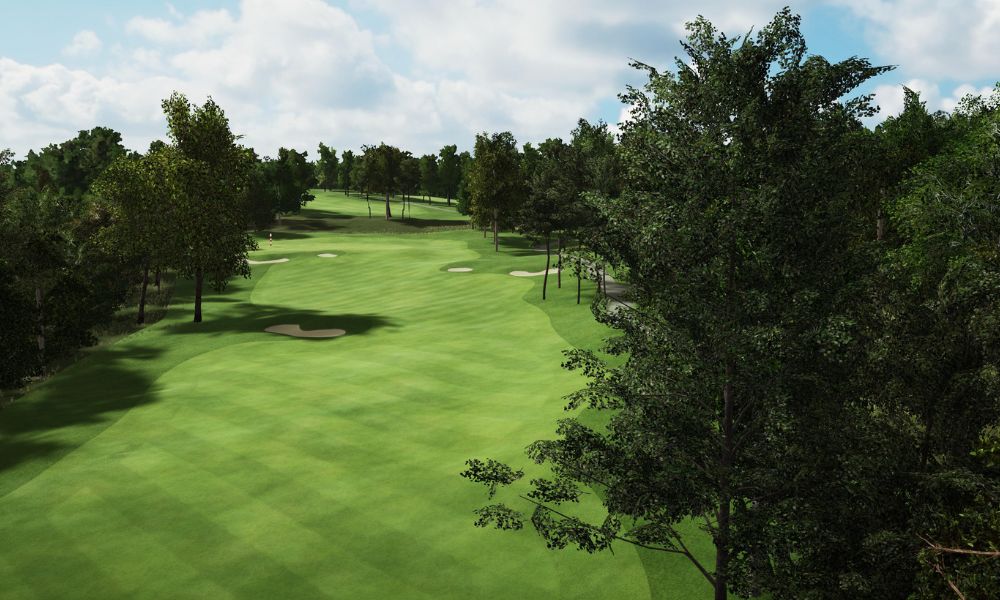 Golf course with green grass and trees under a cloudy sky