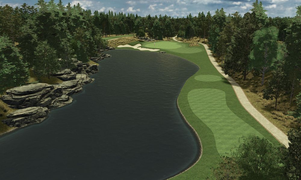 Golf course with a green surrounded by water and trees