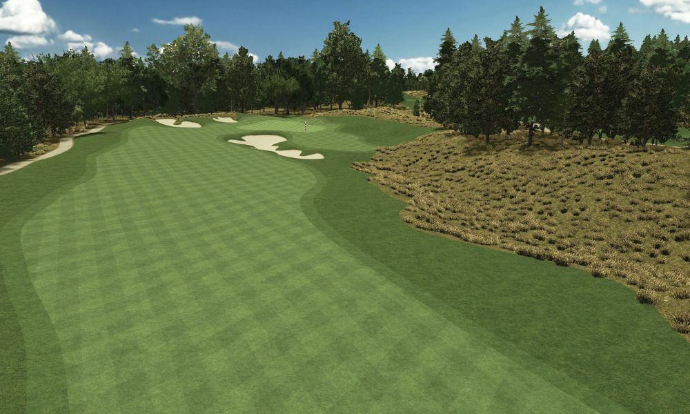 Golf course with green grass, sand bunkers, and trees under a blue sky.