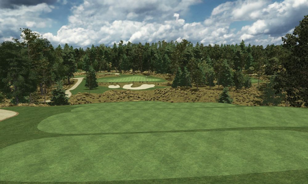 Golf course with green fairway and trees under a cloudy sky