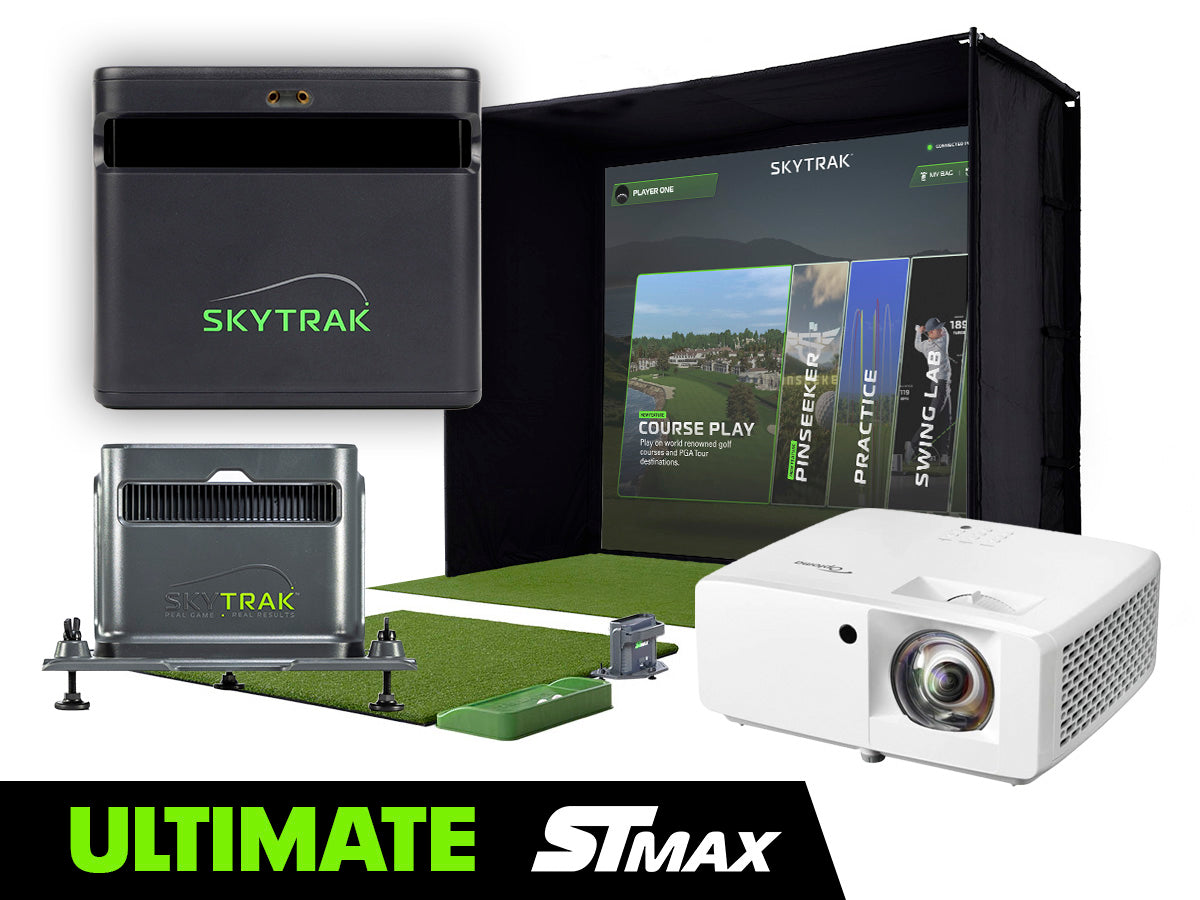 Indoor golf simulator studio SKYTRAK ST MAX golf launch monitor, hitting mat, and projector.