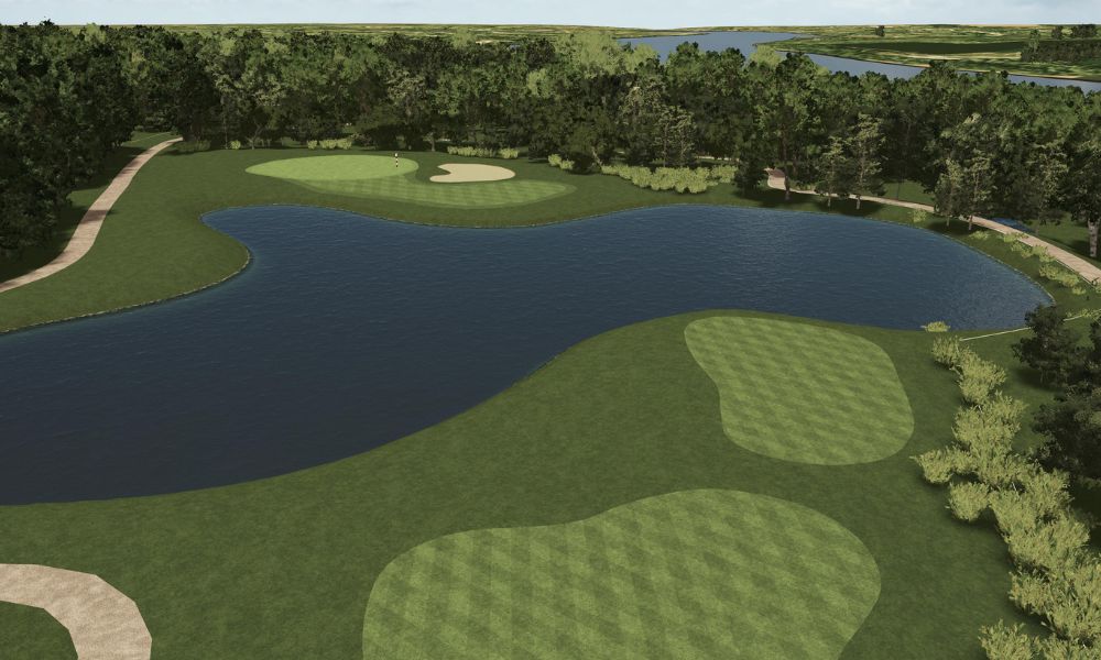 Golf course layout with green fairways, sand bunkers, and a pond.