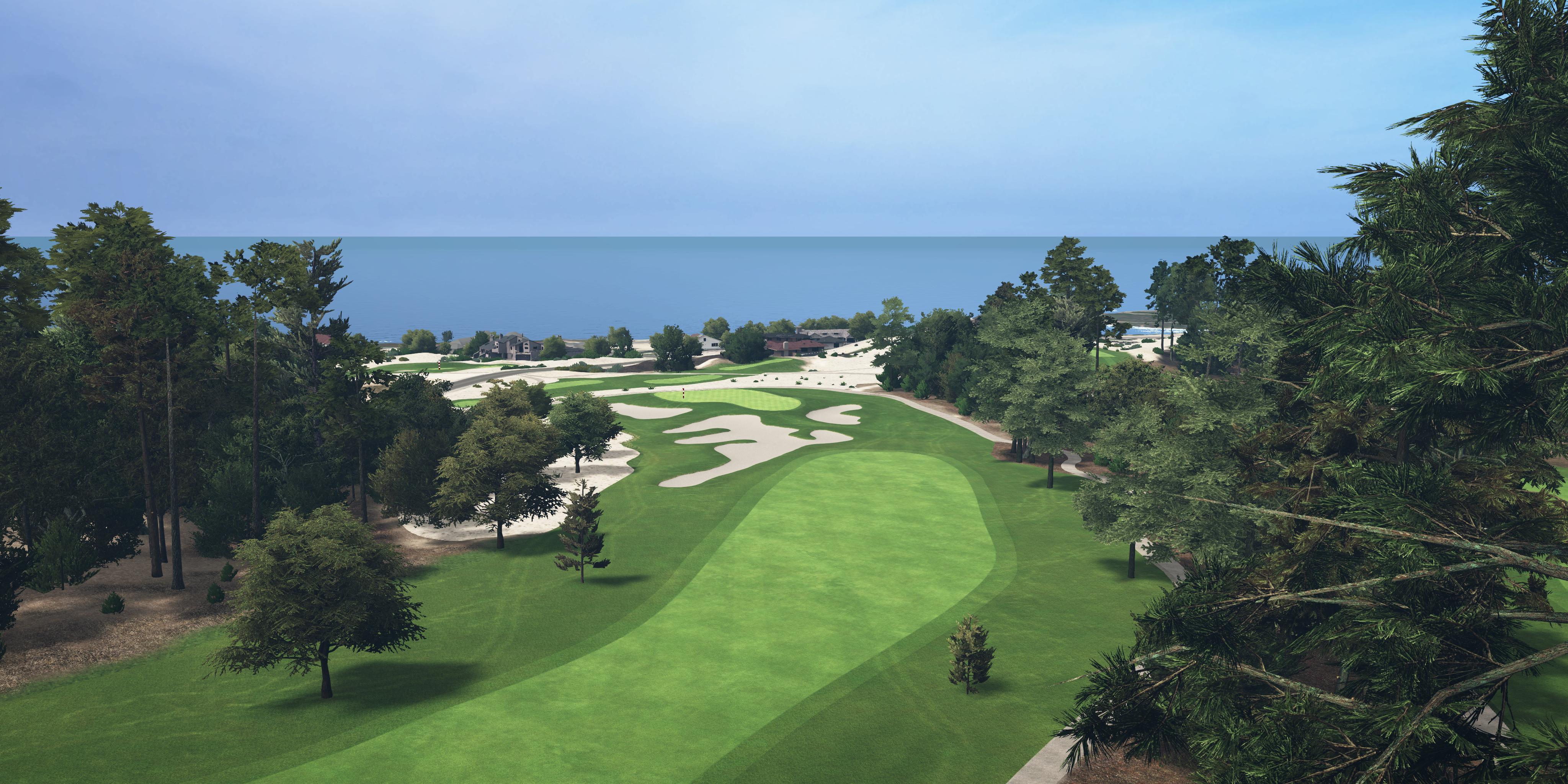 Golf course with green grass and trees, overlooking a body of water.
