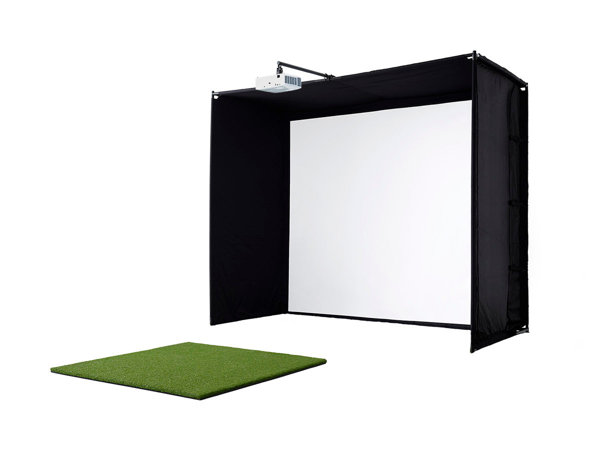 Golf practice simulator with screen and grass mat on a white background