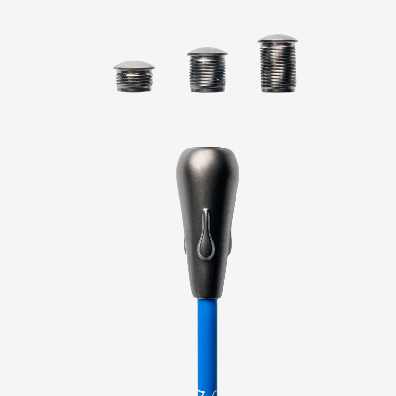 Top view of the blue super speed stick shaft and the screws that are used for assembly.