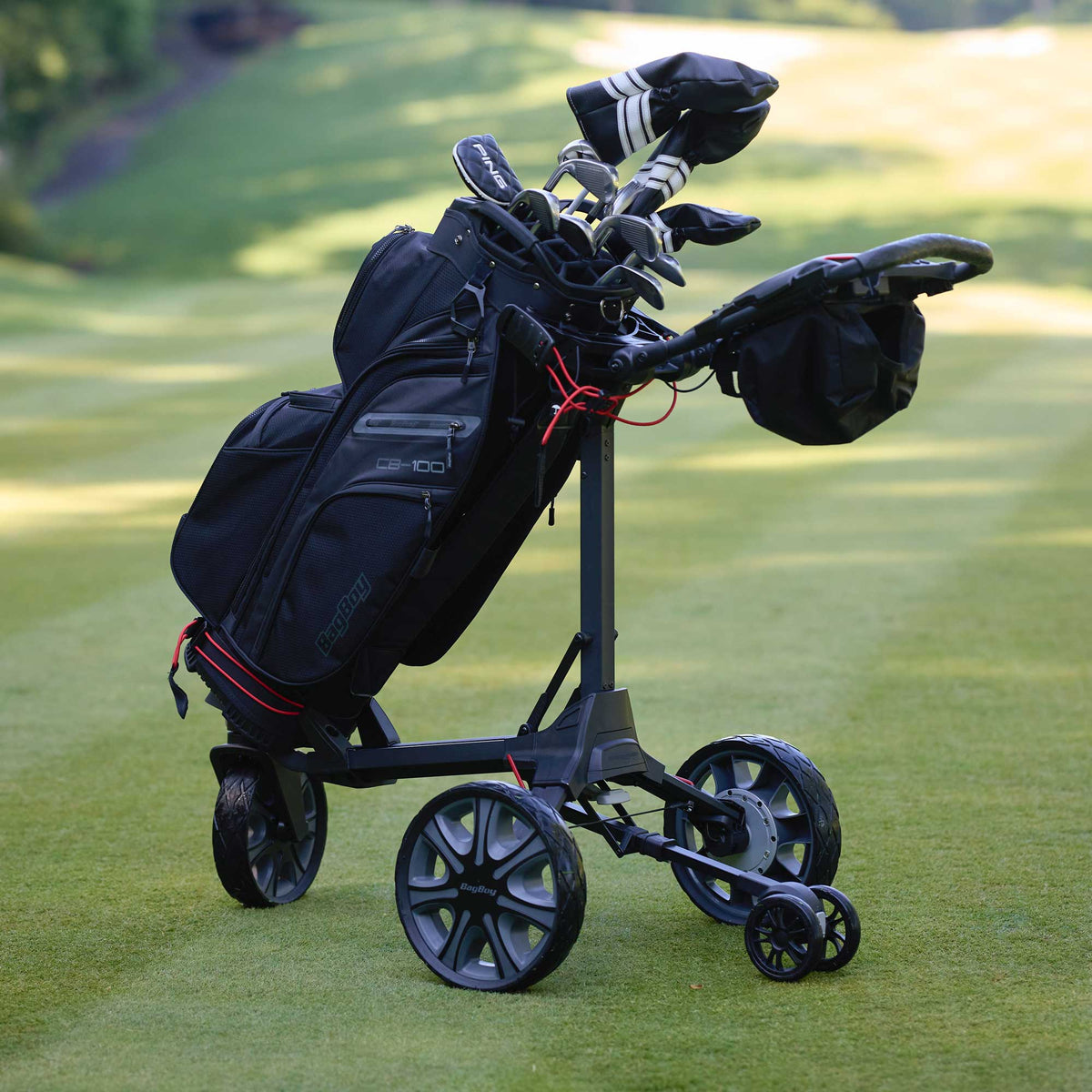 Bag Boy Volt golf cart, new 4th wheel design, close-up
