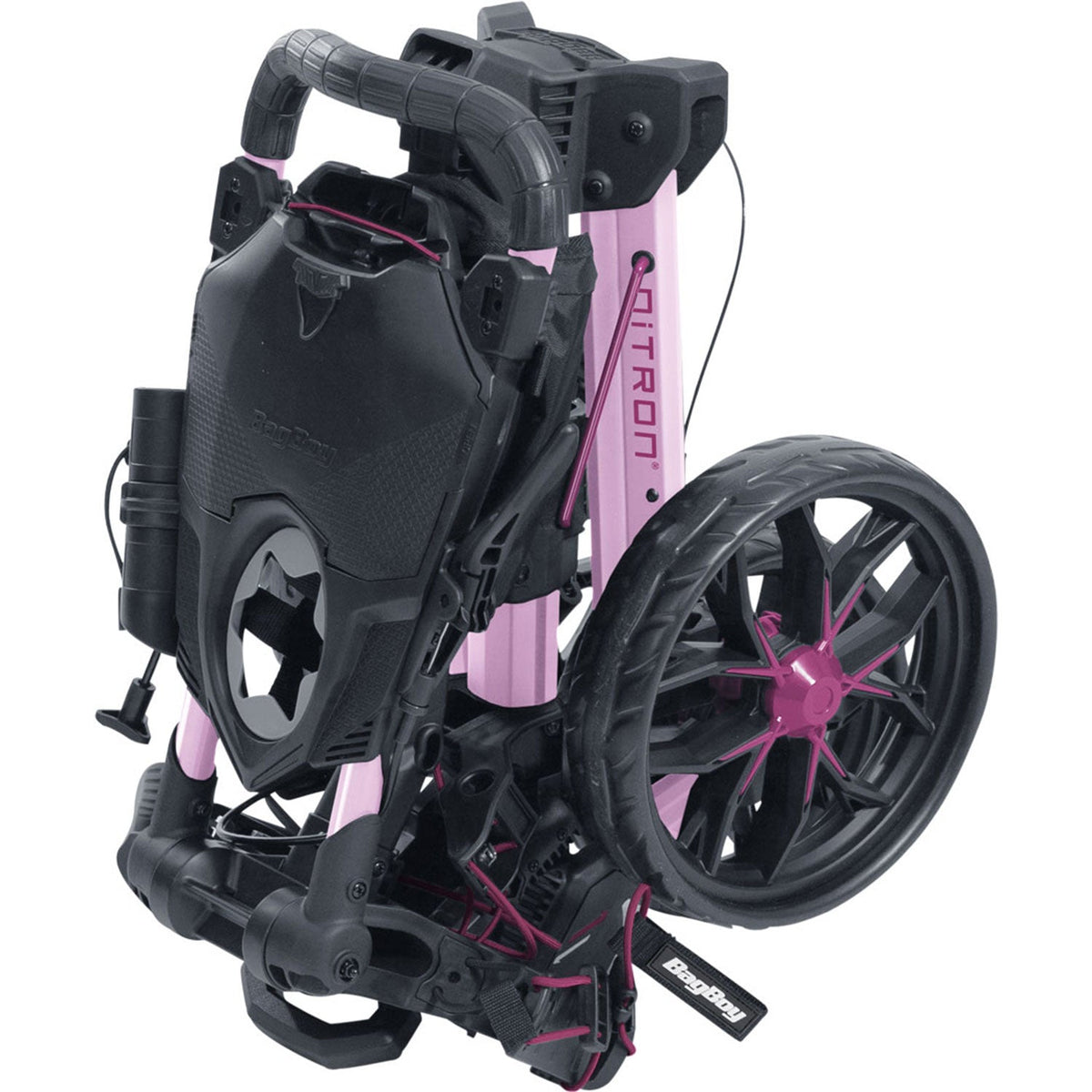 Folded view of the Bag Boy Nitron golf push cart in pink, demonstrating its compact, space-saving design and signature quick-fold technology for easy storage.