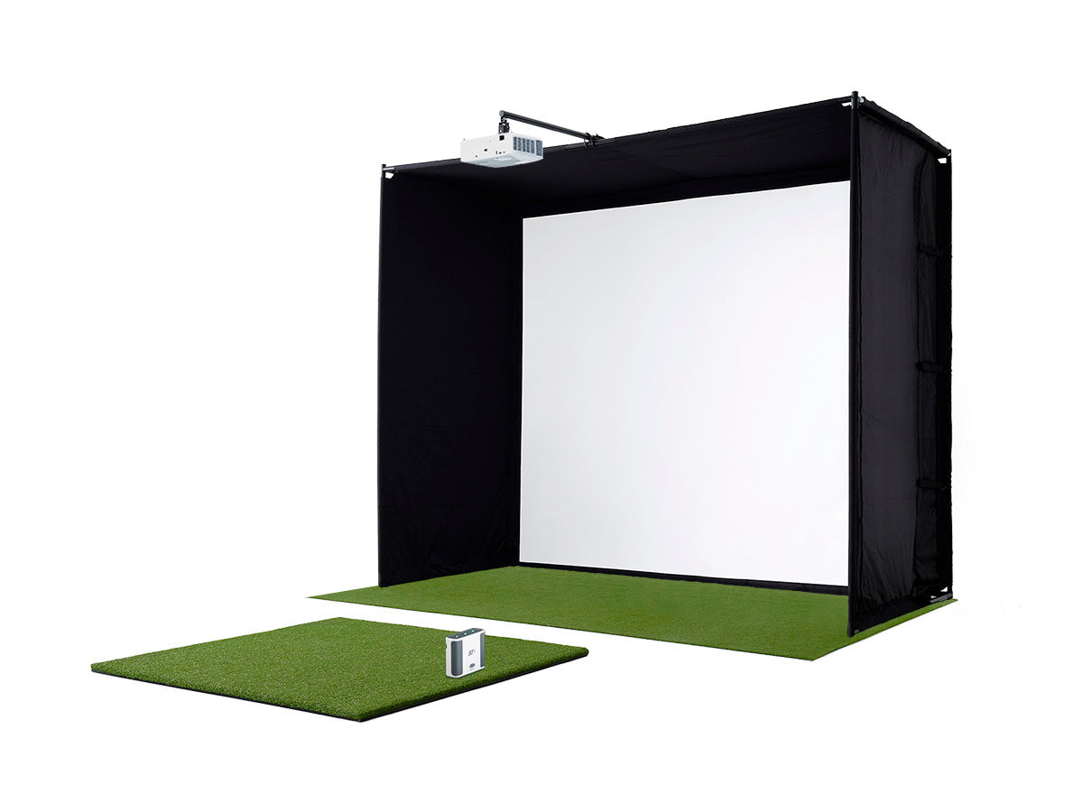 Golf practice simulator with screen and green mat on a white background