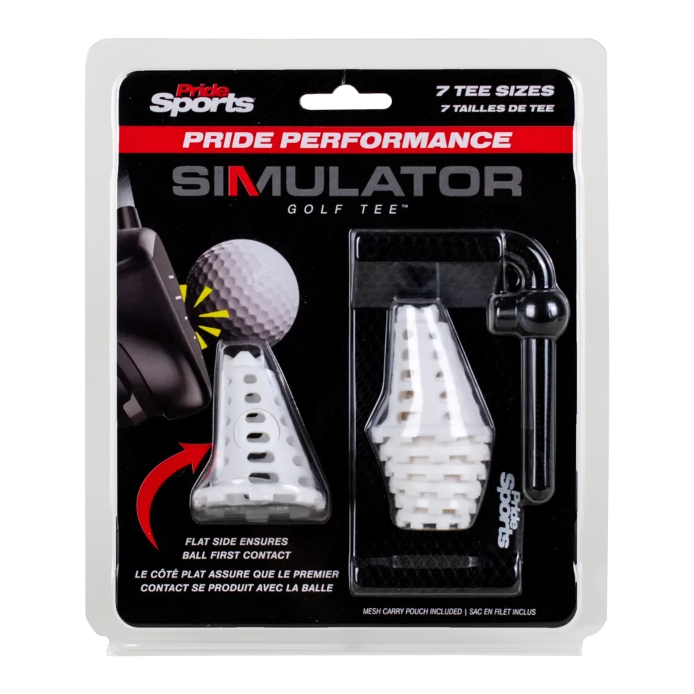 Pride Performance Simulator Golf Tee set in its original retail blister packaging, featuring white textured tees and a black carry pouch.