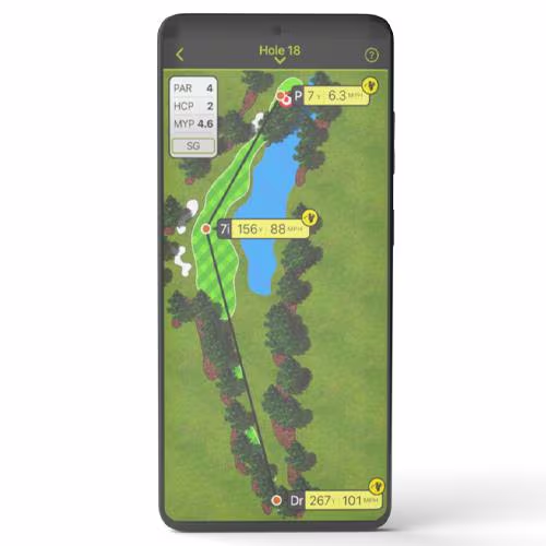 SkyCaddie mobile application interface displaying dynamic overhead GPS golf course mapping, fairway hole telemetry, and club distance recommendations.