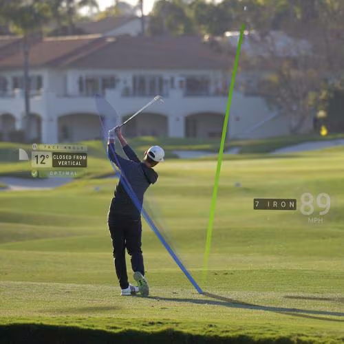 SKYTRAK mobile application interface tracking outdoor 7-iron shot data, illustrating ball flight launch trajectory vector, optimal face angle metrics, and club speed data.