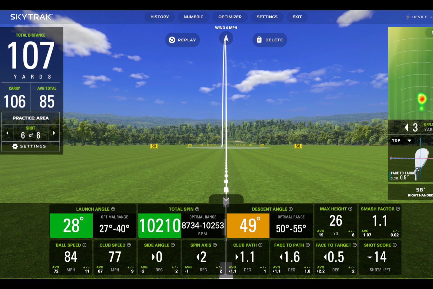 Visual guide to SKYTRAK golf ball metrics showing launch angle, backspin, and side spin axis for indoor golf simulator ball flight analysis.