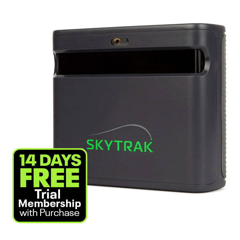 Charcoal grey SKYTRAK ST MAX launch monitor with a promotional badge for a free trial membership on a white background