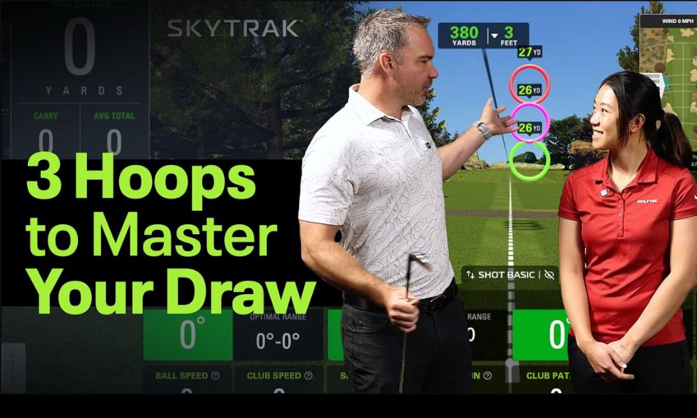 Two people on a golf simulator with text '3 Hoops to Master Your Draw' and SKYTRAK branding.