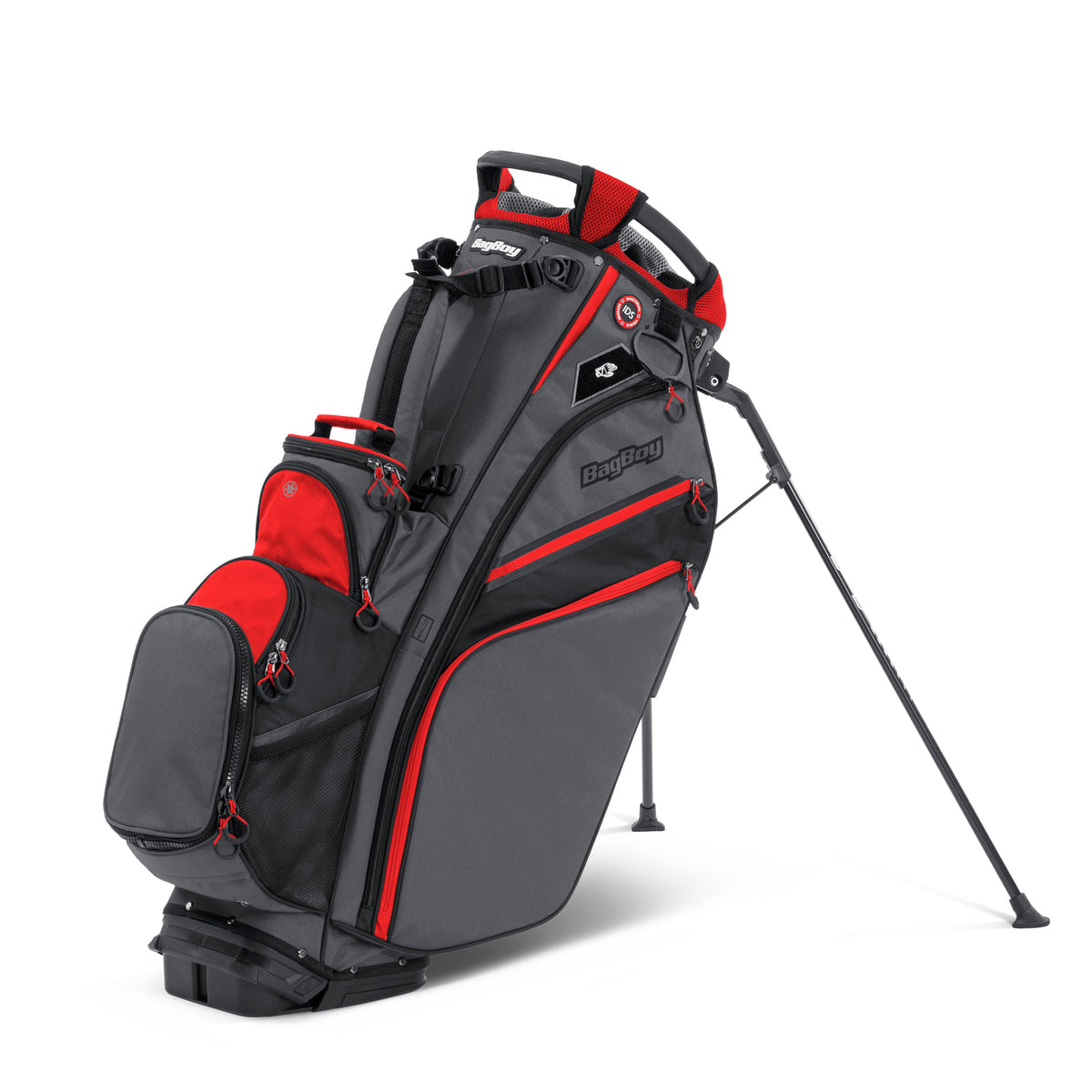 Bag Boy Chiller Hybrid Stand Bag, charcoal red black, cooler compartment open