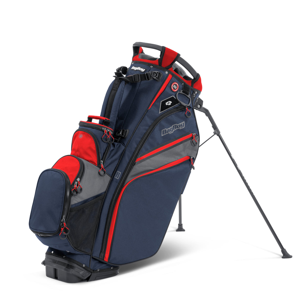 Bag Boy Chiller Hybrid Stand Bag, navy red charcoal, cooler compartment open