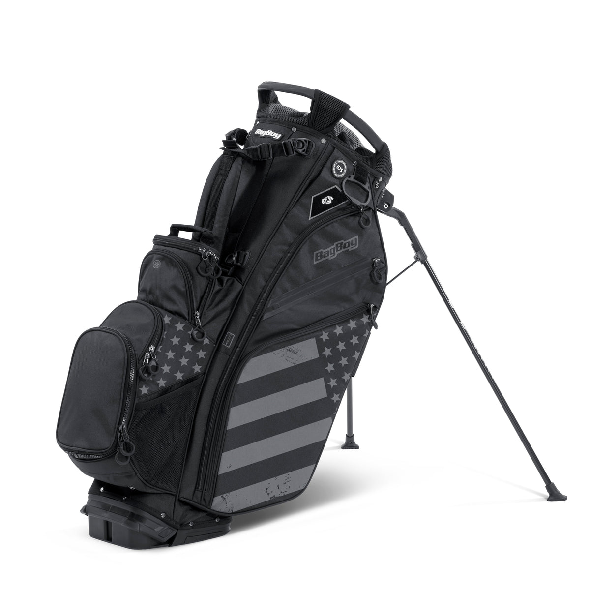 Bag Boy Chiller Hybrid Stand Bag, black stars and stripes, cooler compartment open, right view