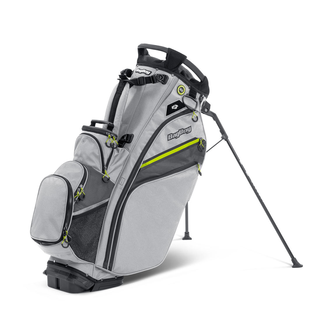 Bag Boy Chiller Pro Hybrid Stand Bag, silver charcoal citrus, cooler compartment open