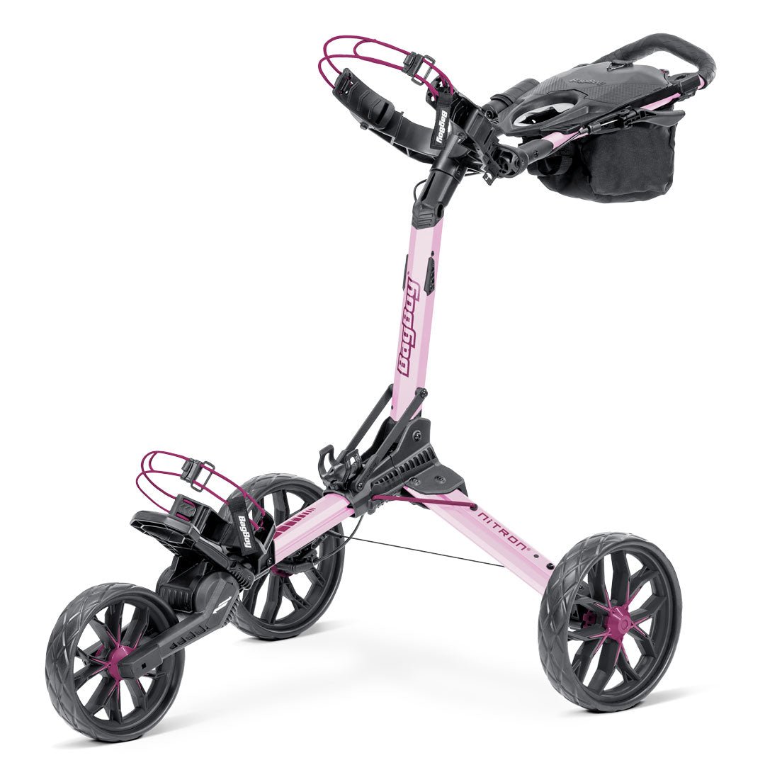 Bag Boy Nitron golf cart, pink and wine, right view