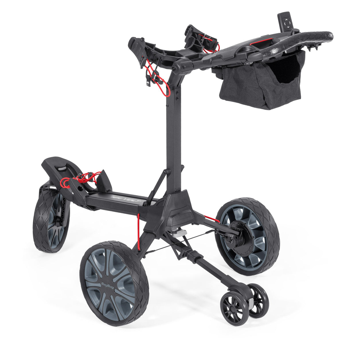 Bag Boy Volt golf cart, black and red, rear right view