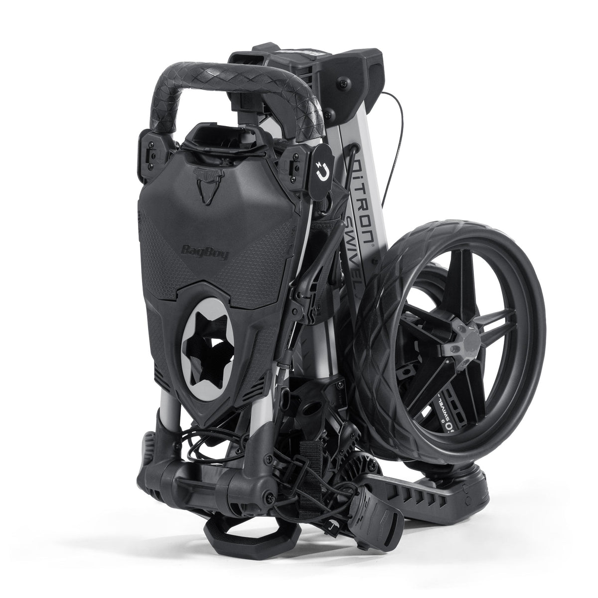 Bag Boy Nitron Swivel golf cart, silver charcoal, folded