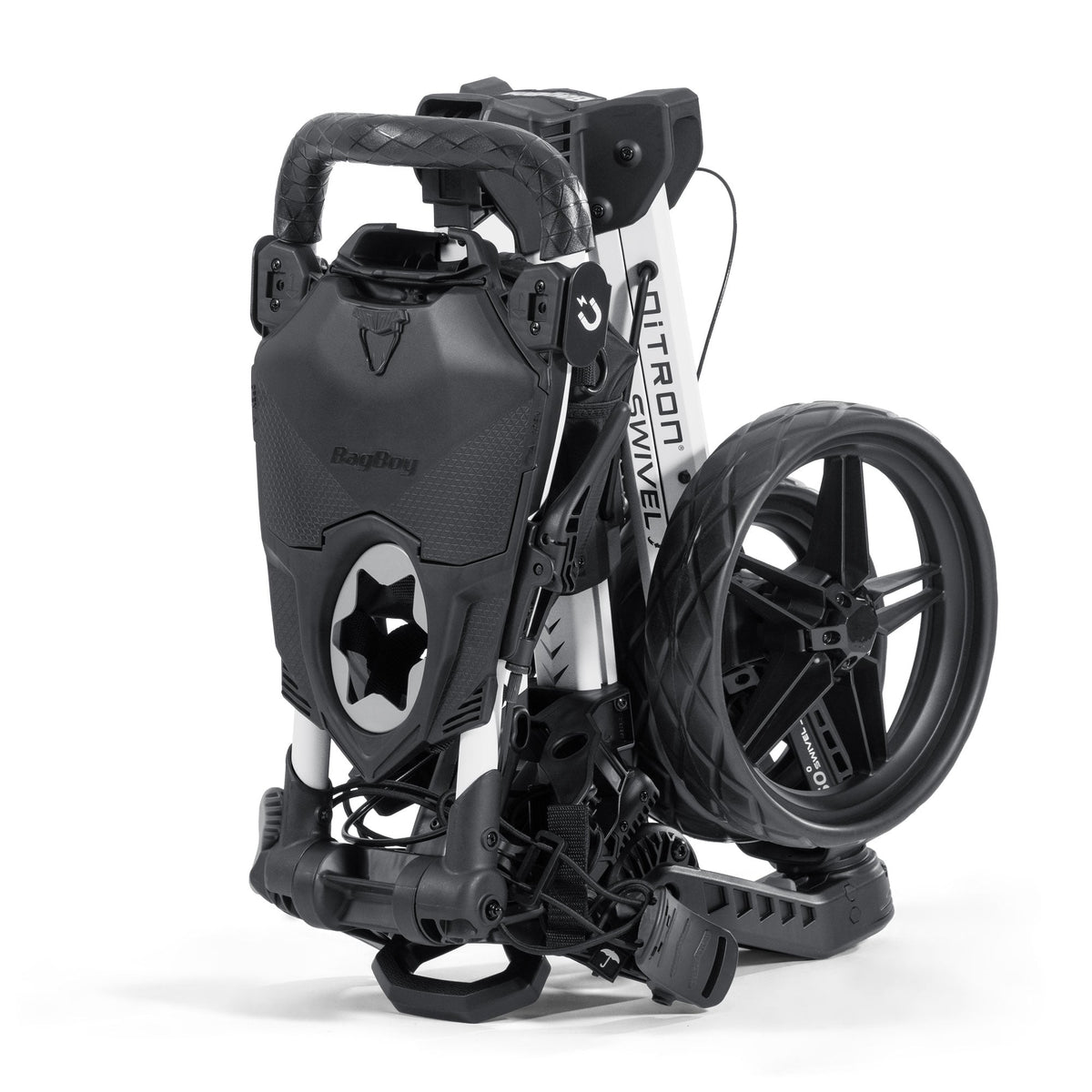 Bag Boy Nitron Swivel golf cart, white black, folded