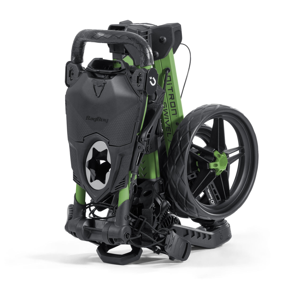 Bag Boy Nitron Swivel golf cart, green black, folded