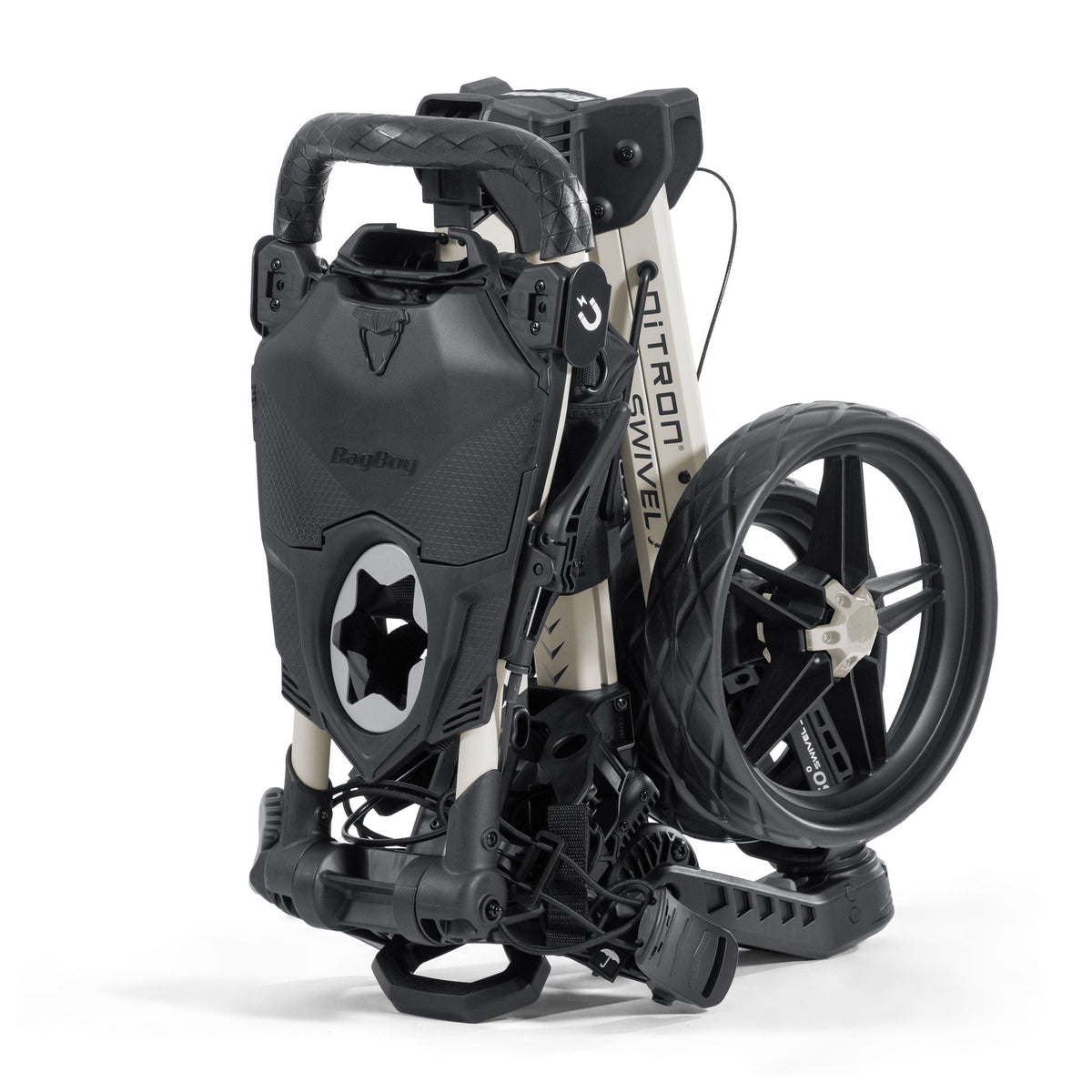 Bag Boy Nitron Swivel golf cart, sand black, folded