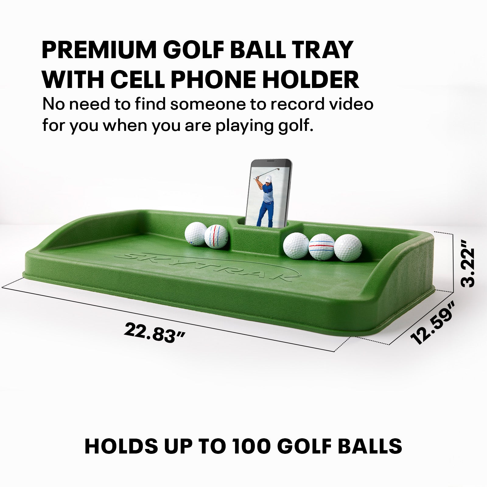 Premium golf ball tray with cell phone holder holds up to 100 balls