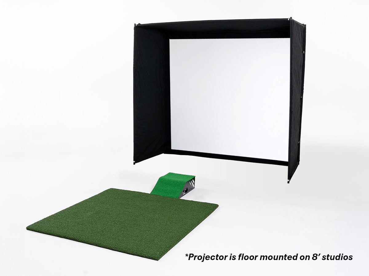Portable studio setup with a screen, green floor mat, and projector on a white background.