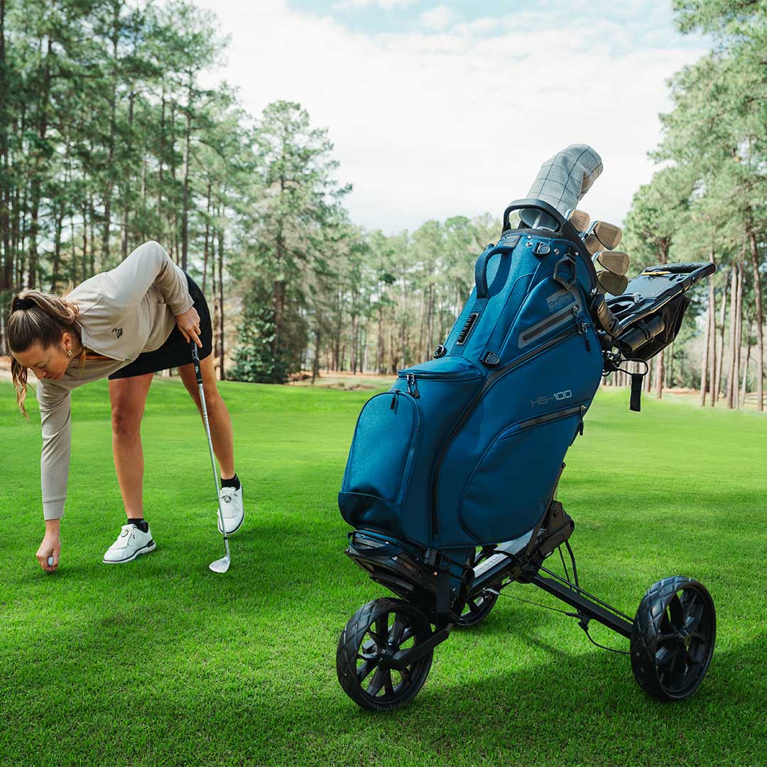 Bag Boy HB-100 Hybrid Stand Bag on a Nitron golf cart, product photo