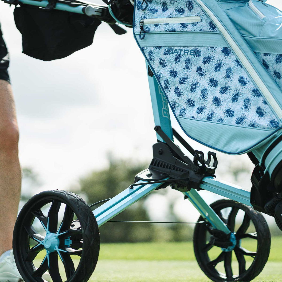 Bag Boy Nitron golf cart, ice blue, close-up